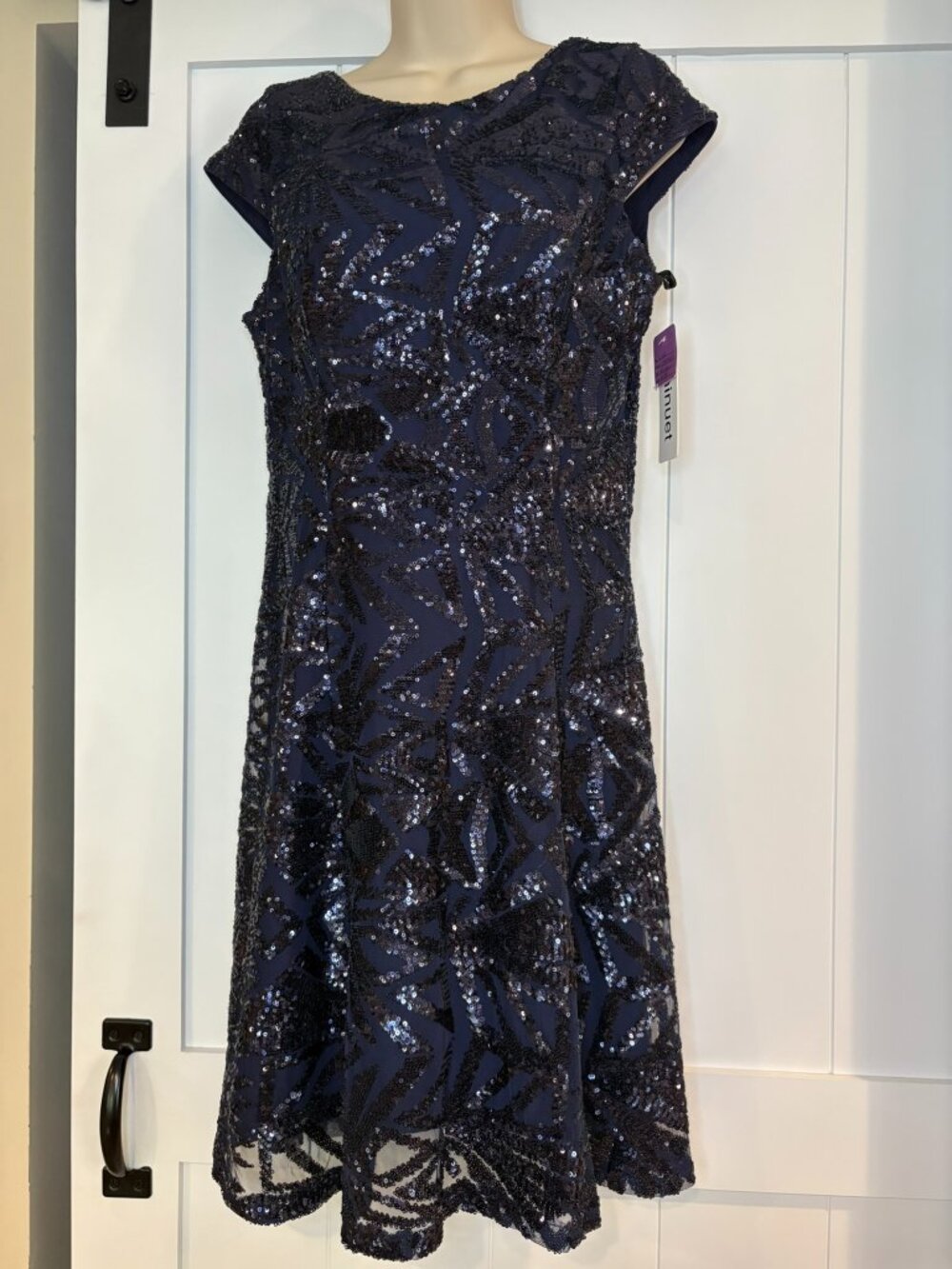 Minuet navy sequined dress with cap sleeves, size L